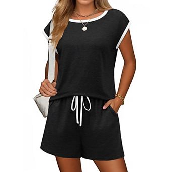 Ekouaer Womens Pajamas Set 2 pc Short Sleeves PJs O Neck Tops and Drawstring Waist Shorts