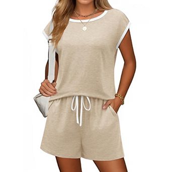 Ekouaer Womens Pajamas Set 2 pc Short Sleeves PJs O Neck Tops and Drawstring Waist Shorts