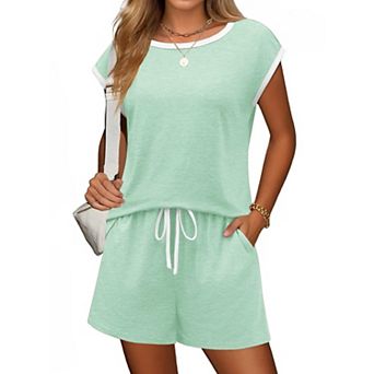 Ekouaer Womens Pajamas Set 2 pc Short Sleeves PJs O Neck Tops and Drawstring Waist Shorts