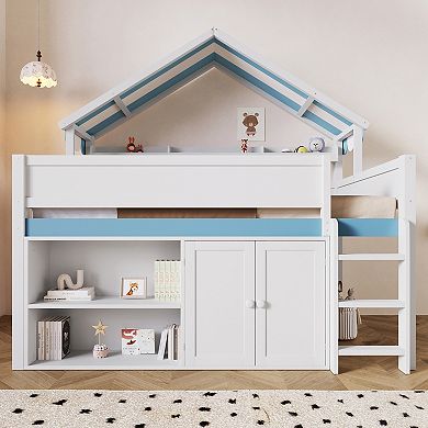 Merax Loft Bed with Canopy Roof and Storage Cabinet