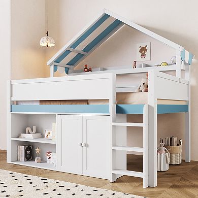 Merax Loft Bed with Canopy Roof and Storage Cabinet