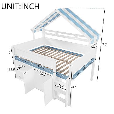 Merax Loft Bed with Canopy Roof and Storage Cabinet