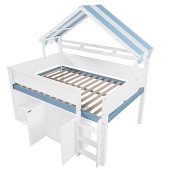 Merax Loft Bed with Canopy Roof and Storage Cabinet