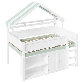 Merax Loft Bed with Canopy Roof and Storage Cabinet