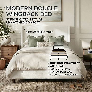 Merax 52.7" Tall Wingback Headboard Upholstered Platform Bed Frame with Solid Wood Retro Legs