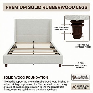 Merax 52.7" Tall Wingback Headboard Upholstered Platform Bed Frame with Solid Wood Retro Legs