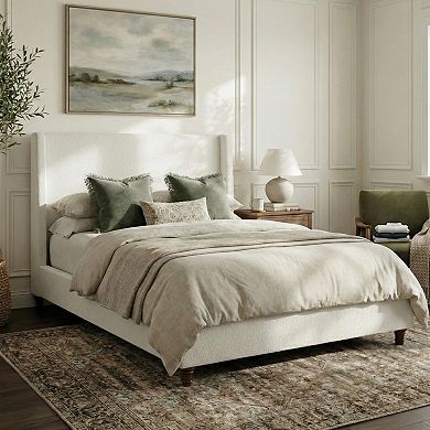 Merax 52.7" Tall Wingback Headboard Upholstered Platform Bed Frame with Solid Wood Retro Legs