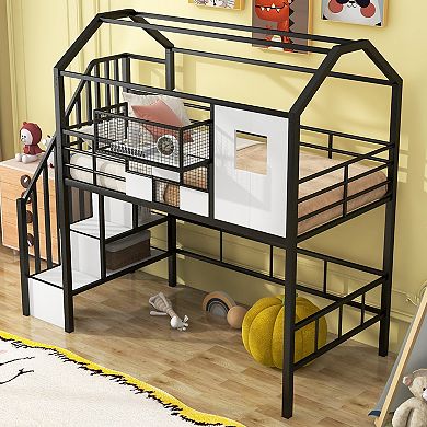 Merax Twin Size Metal Loft Bed with Roof