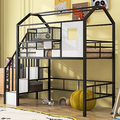 Merax Twin Size Metal Loft Bed with Roof