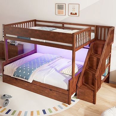 Merax Full XL over Queen Bunk Bed with Storage Shelves and Staircase,Trundle and LED Light