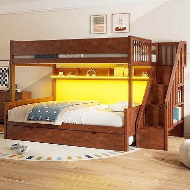 Merax Full XL over Queen Bunk Bed with Storage Shelves and Staircase,Trundle and LED Light