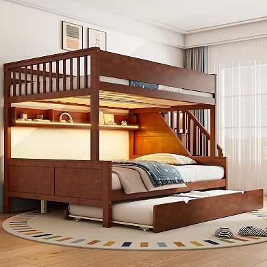 Merax Full XL over Queen Bunk Bed with Storage Shelves and Staircase,Trundle and LED Light