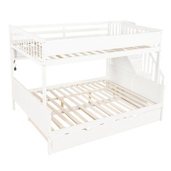Merax Full XL over Queen Bunk Bed with Storage Shelves and Staircase,Trundle and LED Light