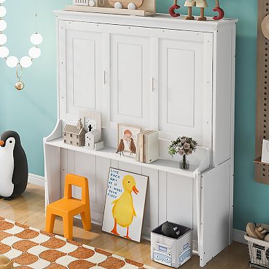 Merax Queen Size Murphy Bed with Shelf/Desk Solid Pine Wood & MDF Frame Sturdy Stable