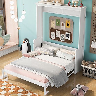 Merax Queen Size Murphy Bed with Shelf/Desk Solid Pine Wood & MDF Frame Sturdy Stable