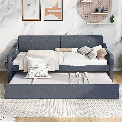 Merax Twin Size Upholstery DayBed with Trundle and USB Charging Design
