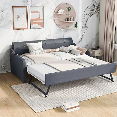 Merax Twin Size Upholstery DayBed with Trundle and USB Charging Design