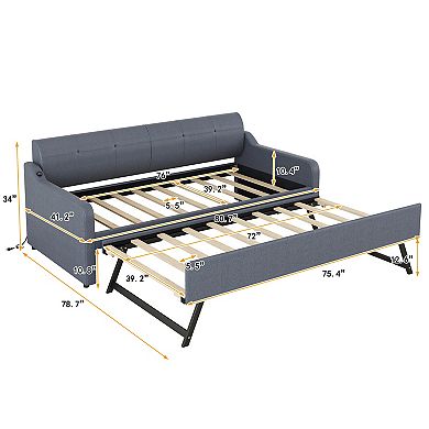 Merax Twin Size Upholstery DayBed with Trundle and USB Charging Design