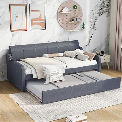 Merax Twin Size Upholstery DayBed with Trundle and USB Charging Design