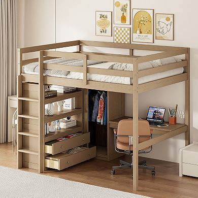 Merax Full Size Wooden Loft Bed with Wardrobe, Desk & Storage