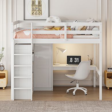 Merax Full Size Wooden Loft Bed with Wardrobe, Desk & Storage