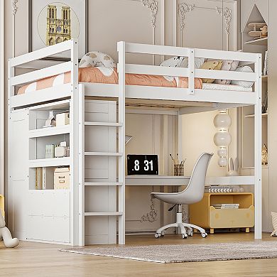 Merax Full Size Wooden Loft Bed with Wardrobe, Desk & Storage