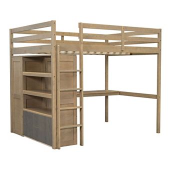 Merax Full Size Wooden Loft Bed with Wardrobe, Desk & Storage