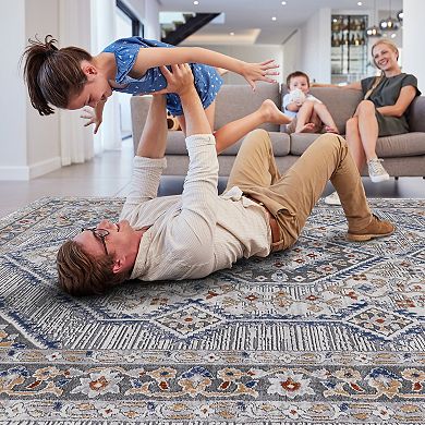 Aurora Ascent 5×7 Blue Cream Bordered Stain Resistant Area Rug