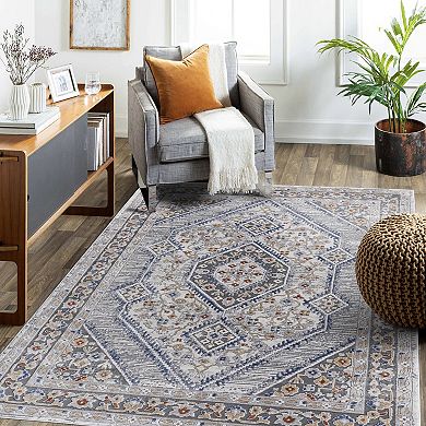 Aurora Ascent 5×7 Blue Cream Bordered Stain Resistant Area Rug