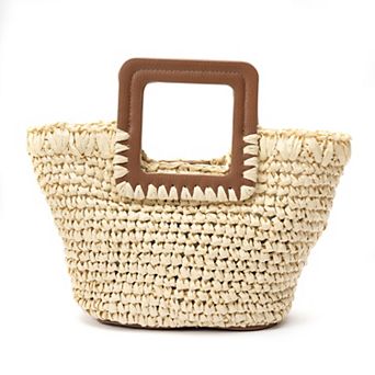 SOL and MER Straw Tote Bag with Cutout Handle