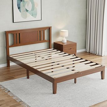YIORTWO Solid Wood Bed Frame with Headboard, Pine Platform Bed with Slat Support