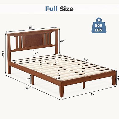 YIORTWO Solid Wood Bed Frame with Headboard, Pine Platform Bed with Slat Support