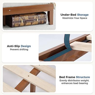 YIORTWO Solid Wood Bed Frame with Headboard, Pine Platform Bed with Slat Support