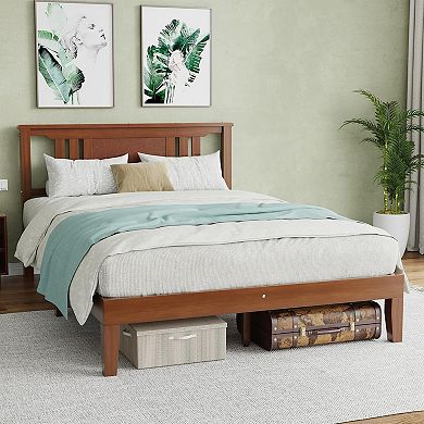 YIORTWO Solid Wood Bed Frame with Headboard, Pine Platform Bed with Slat Support