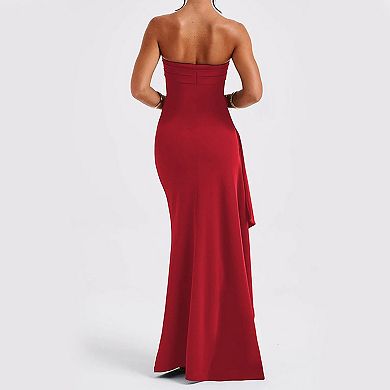 Women's Strapless Ruched Bodycon Maxi Dress, Backless High Split Formal Evening Gown for Party