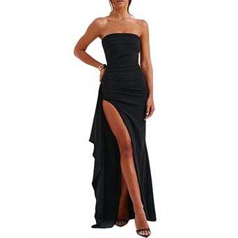 Women's Strapless Ruched Bodycon Maxi Dress, Backless High Split Formal Evening Gown for Party