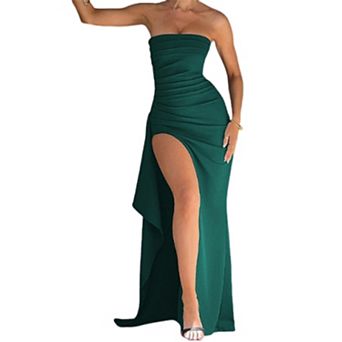 Women's Strapless Ruched Bodycon Maxi Dress, Backless High Split Formal Evening Gown for Party