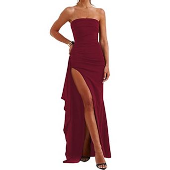 Women's Strapless Ruched Bodycon Maxi Dress, Backless High Split Formal Evening Gown for Party