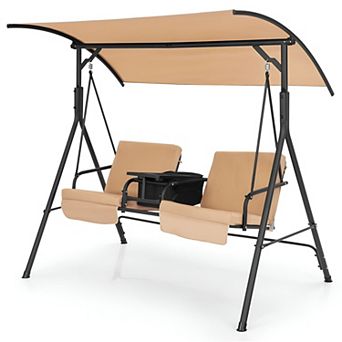 2-Seat Outdoor Swing Chair with Adjustable Canopy, Cup Holder Tray, Cushions and Built-In Cooler Bag
