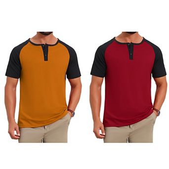 2 Packs Men's Henley Shirts Button Down Color Block Short Sleeve Raglan T-Shirt