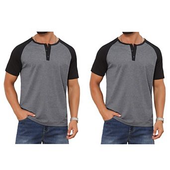 2 Packs Men's Henley Shirts Button Down Color Block Short Sleeve Raglan T-Shirt