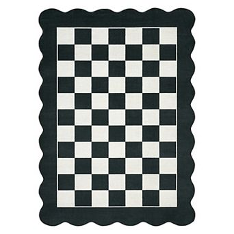 Fashionwu Checkerboard Wavy Edge Carpet Modern Geometric Scalloped Border Rug for Living Room