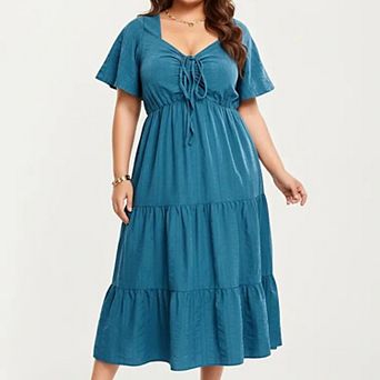 Women's Plus Size Short Sleeve V Neck Dress with Front Tie Detail Elastic Waist Tiered Maxi Skirt