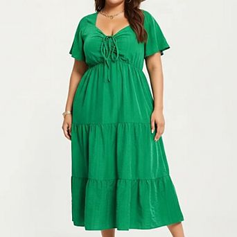 Women's Plus Size Short Sleeve V Neck Dress with Front Tie Detail Elastic Waist Tiered Maxi Skirt