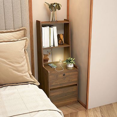 KWPZQEB Smart Wooden Nightstand with Charging Station, Bookshelf & Night Light for Bedroom