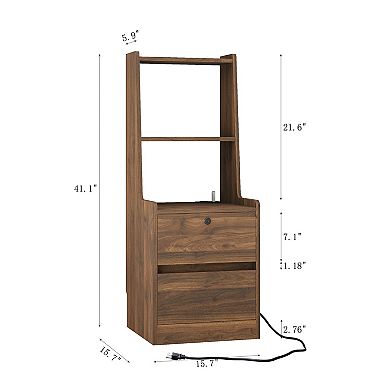 KWPZQEB Smart Wooden Nightstand with Charging Station, Bookshelf & Night Light for Bedroom