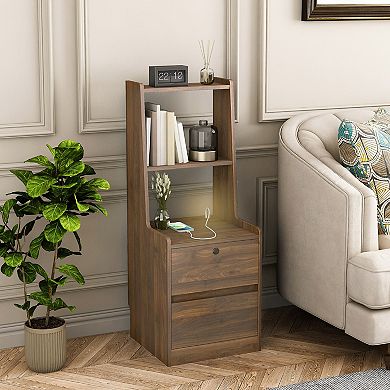 KWPZQEB Smart Wooden Nightstand with Charging Station, Bookshelf & Night Light for Bedroom