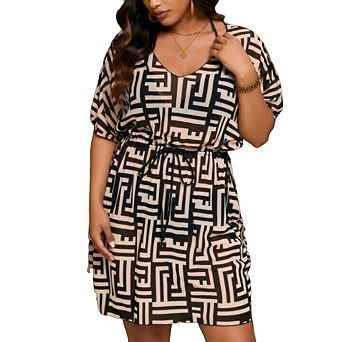 Women's Plus Size Geometric Print Swim Dress - V Neck Drawstring Waist Cover Up