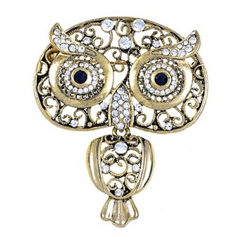 Antique Golden Indian Rhinestone Embellish Owl Bug Eyes Pin Brooch