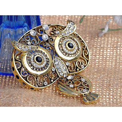 Antique Golden Indian Rhinestone Embellish Owl Bug Eyes Pin Brooch
